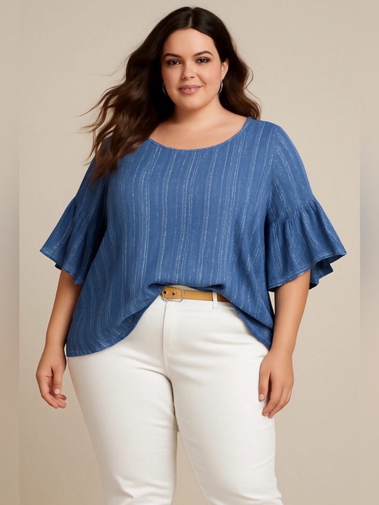 W5 Tops - W5 Striped Top, Three Quarter Ruffle Sleeve, Blue, White, Size 3X